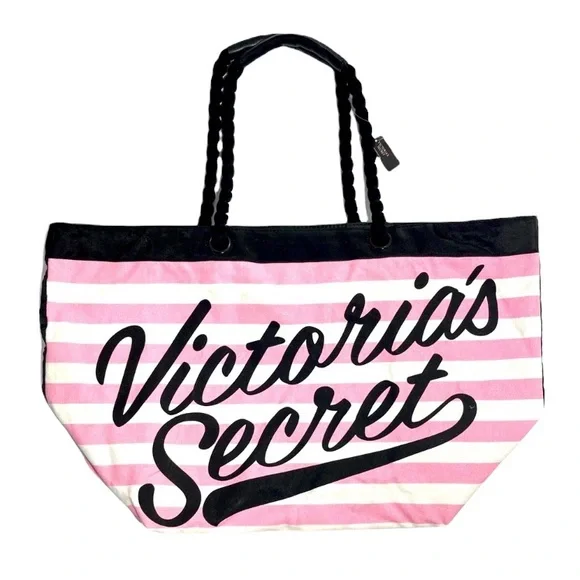 Victoria’s Secret Tote Travel Bag Overnight Weekender Stripes Pink White Black - Picture 3 of 14
